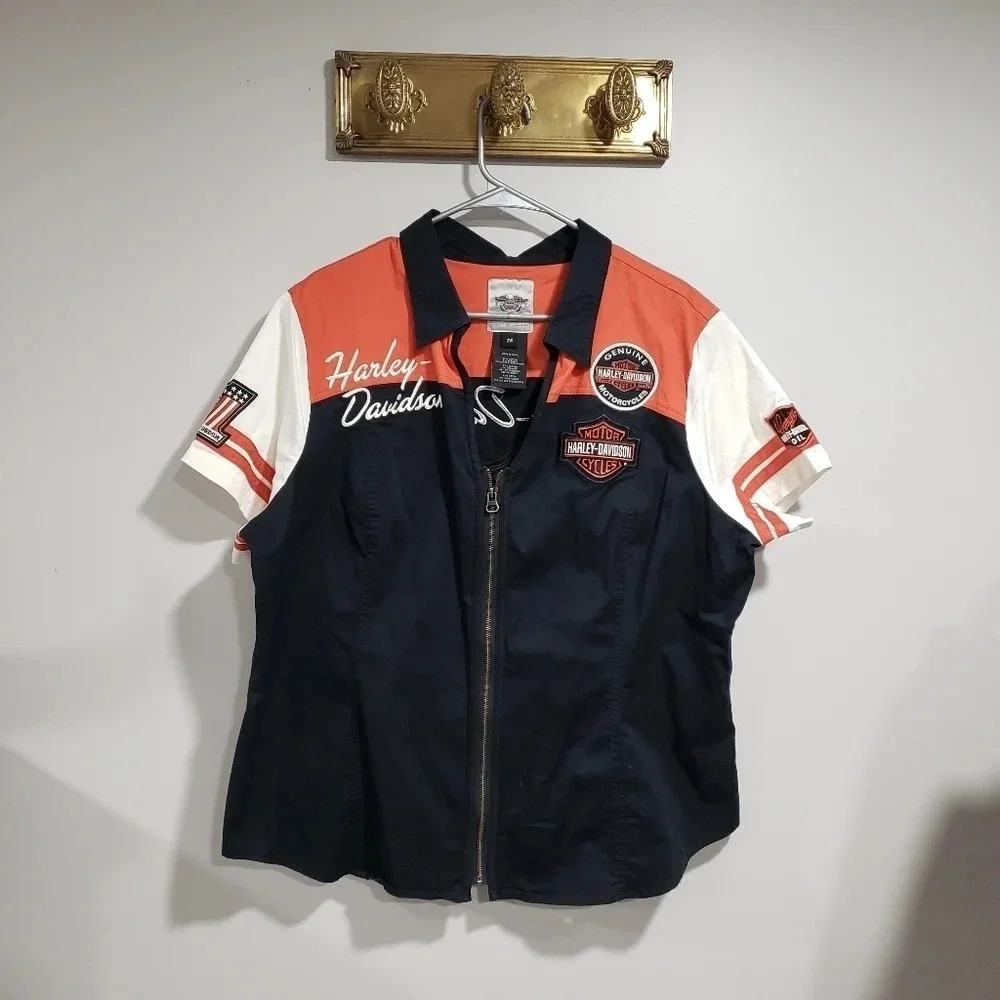 Womans Harley- Davidson Motorcycle Short Sleeve Zippered Shirt,Size  2W.